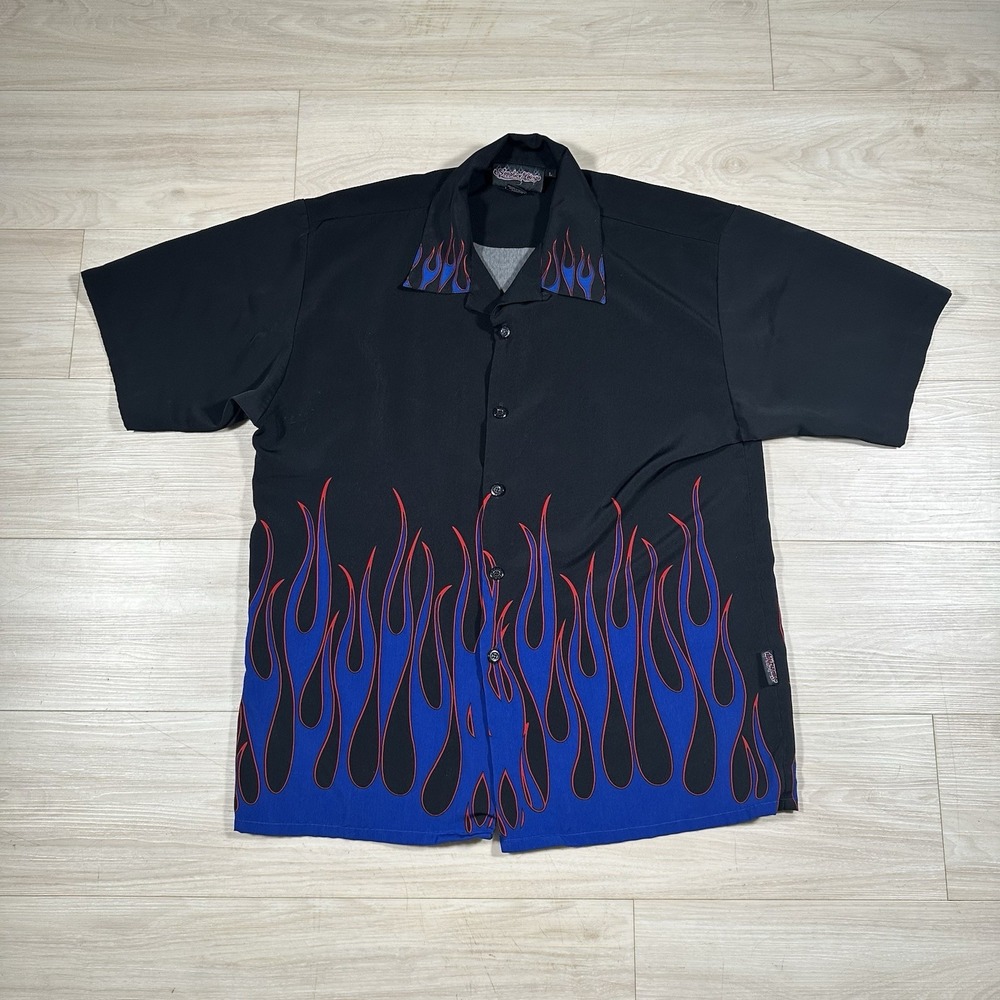 Vtg Sapphire Lounge Y2K Neon Blue Flame AOP Button Down Shirt Large Streetwear